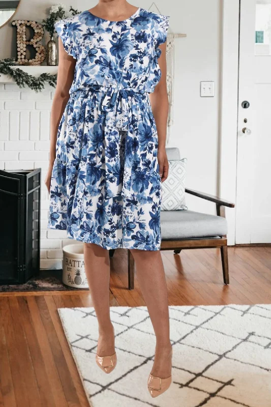 Blue Floral Ruffle Tie Mini Dress Elegant Mini Dress with Pleats