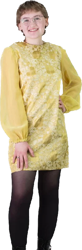 60s Yellow Jacquard & Organza Mini Dress    S/M Comfortable Shift Mini Dress