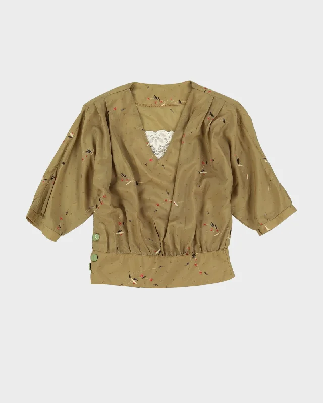 Vintage 1990s Handmade Green Patterned Blouse - S Ruched Sleeve Blouse