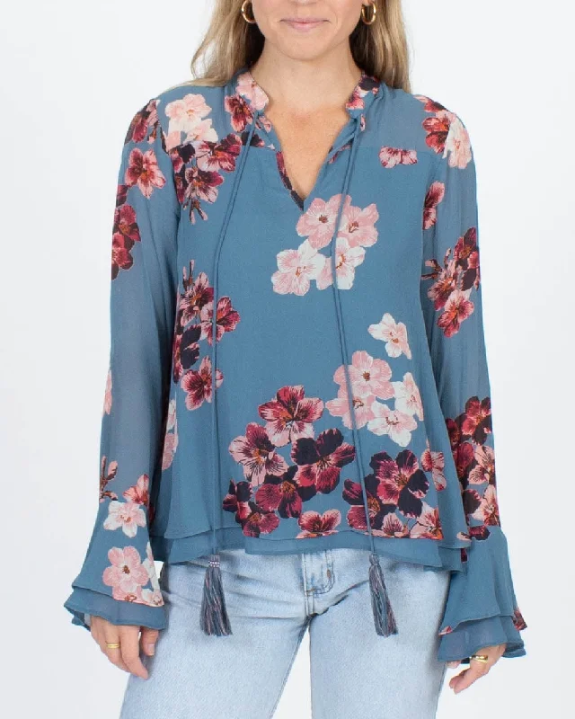 Floral Ruffle Cuff Blouse Drape Neck Blouse
