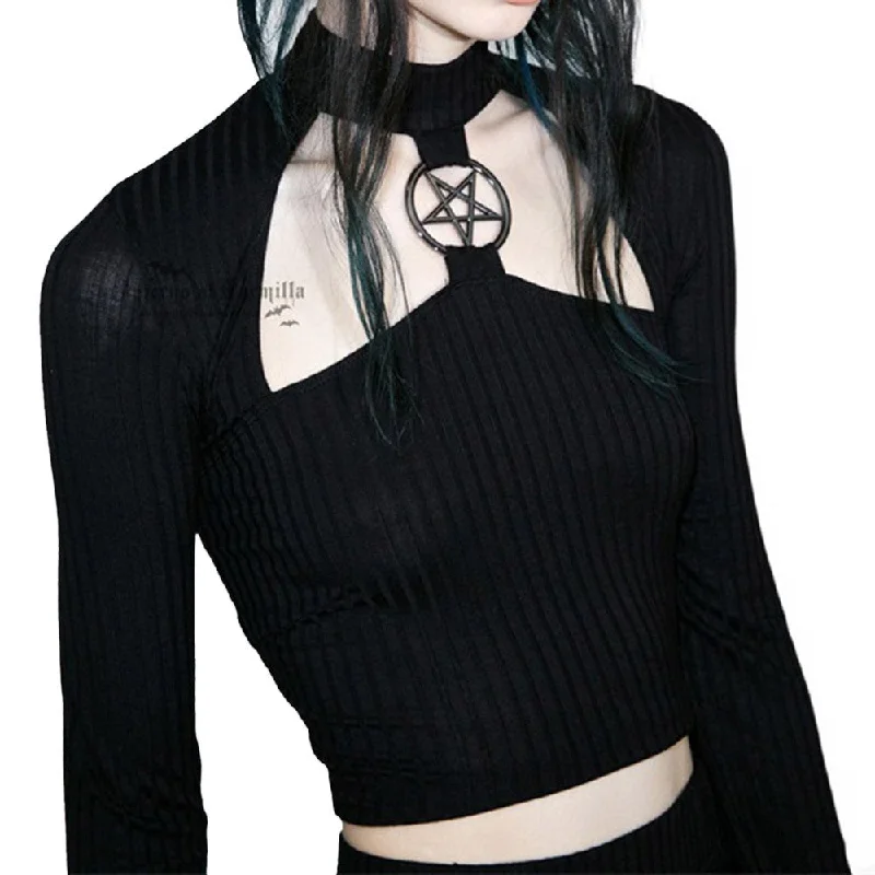 Rosetic Gothic Short Top Slim Black Hollow Pentagram Tops Women Autumn Streetwear Hipster Fashion Club Sexy Navel T Shirts Girl-- Asymmetrical Pockets Print Rosetic Gothic Short Top Slim Black Hollow Pentagram Tops Women Autumn Streetwear Hipster Fashion Club Sexy Navel T Shirts Girl-- Asymmetrical Pockets Print