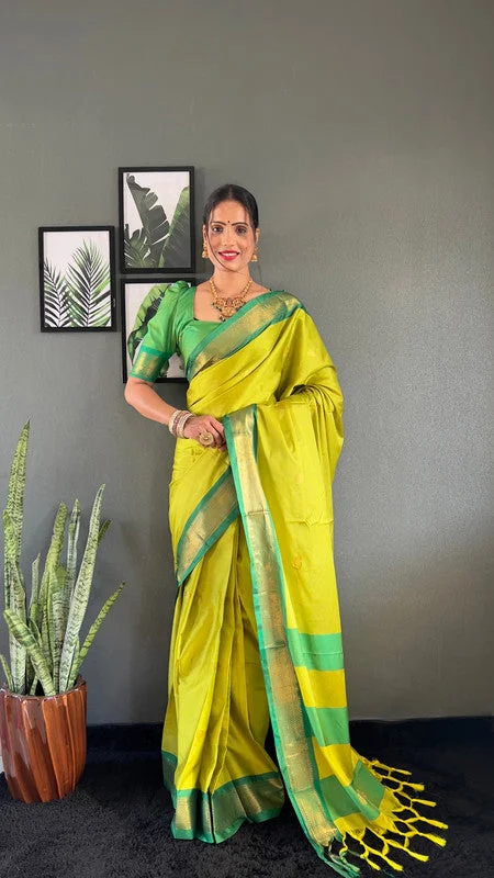 Malishka Export Cotton Silk Woven Ready To Wear Saree With Blouse Piece - Green Delicate Bow Blouse