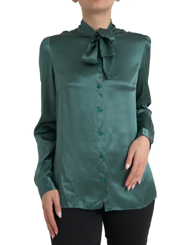 Dolce & Gabbana Elegant Dark Green Silk Blouse Women's Top Puff Sleeve Blouse