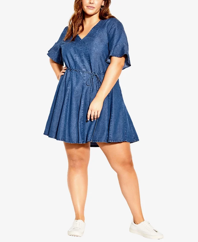 City Chic Trendy Plus Size Denim Flounce Mini Dress Casual Mini Dress with Pockets