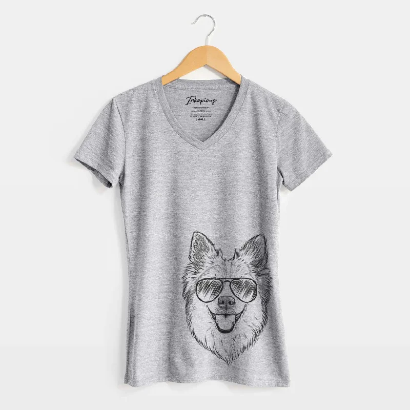 Aviator Ari the Icelandic Sheepdog - Women's V-neck Shirt-- Fleece Nylon Spandex
