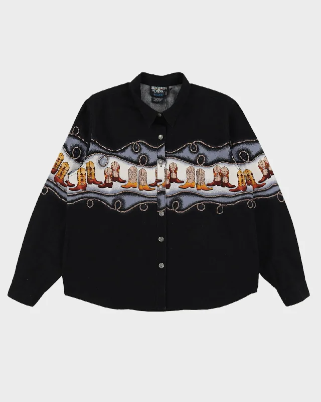 Vintage Black With Cowboy Boots Pattern Blouse - M Stretchy Fitted Blouse