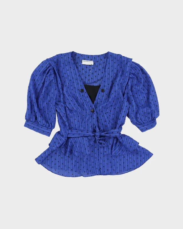 1990s Blue Peplum Blouse - S Ruffled Neck Blouse
