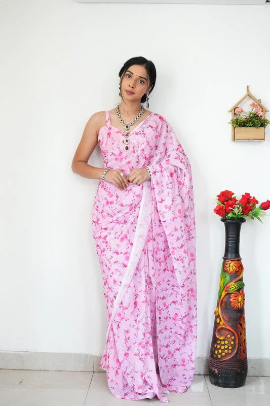 Malishka Export Georgette Silk Printed Ready To Wear Saree With Blouse Piece - Pink Lightweight Floral Blouse Malishka Export Georgette Silk Printed Ready To Wear Saree With Blouse Piece - Pink Lightweight Floral Blouse