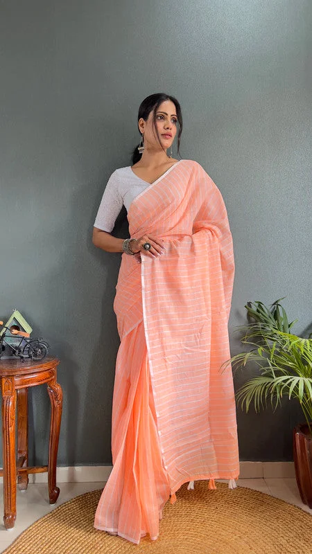 Malishka Export Cotton Striped Ready To Wear Saree With Blouse Piece - Orange Backless Summer Blouse Malishka Export Cotton Striped Ready To Wear Saree With Blouse Piece - Orange Backless Summer Blouse