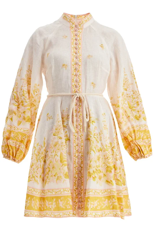 Floral Linen Mini Dress With  - Neutro Stylish Sweetheart Neck Mini Dress