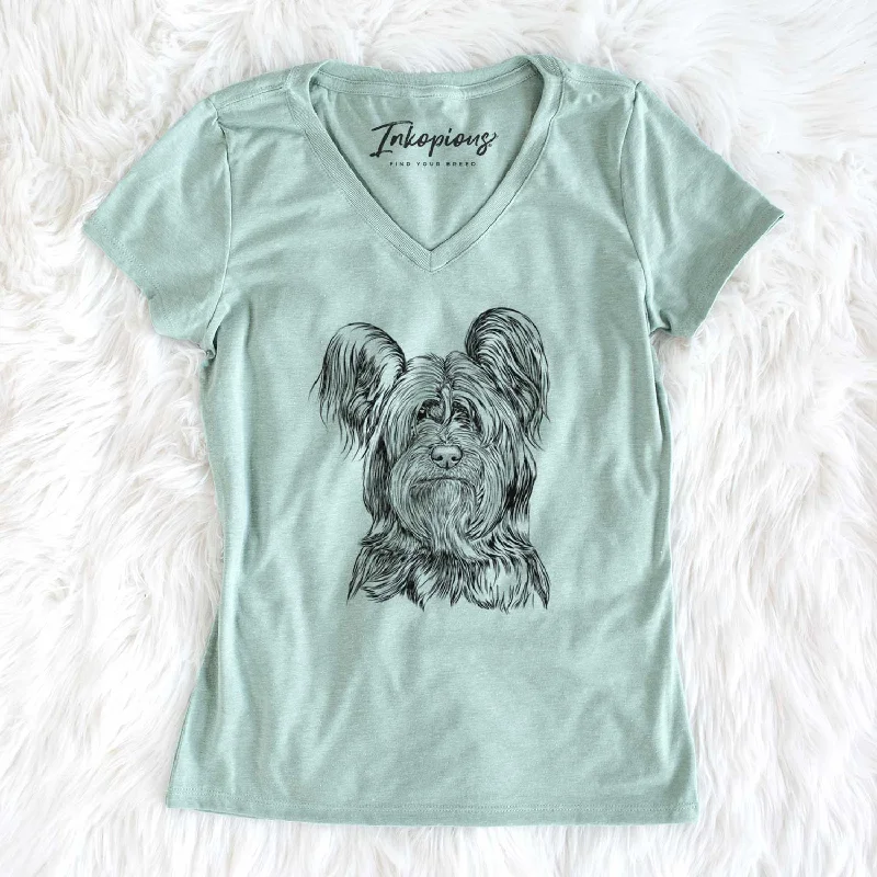Bare Bandit the Skye Terrier - Women's V-neck Shirt-- Polka Dot Checkered Tartan