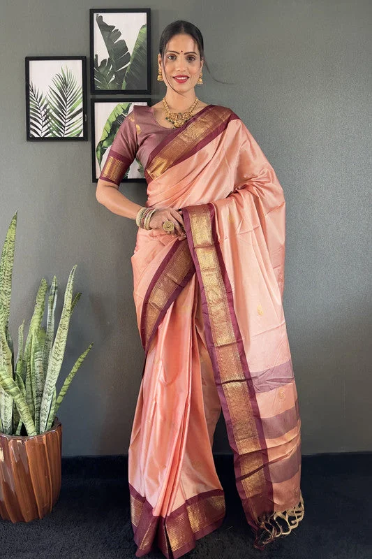 Malishka Export Cotton Silk Woven Ready To Wear Saree With Blouse Piece - Brown High Neck Blouse