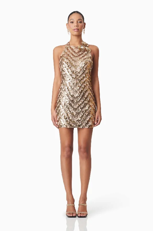 Sequin Party Mini Dress with Back Floral Detail - Gold Classic Floral Print Mini Dress Sequin Party Mini Dress with Back Floral Detail - Gold Classic Floral Print Mini Dress