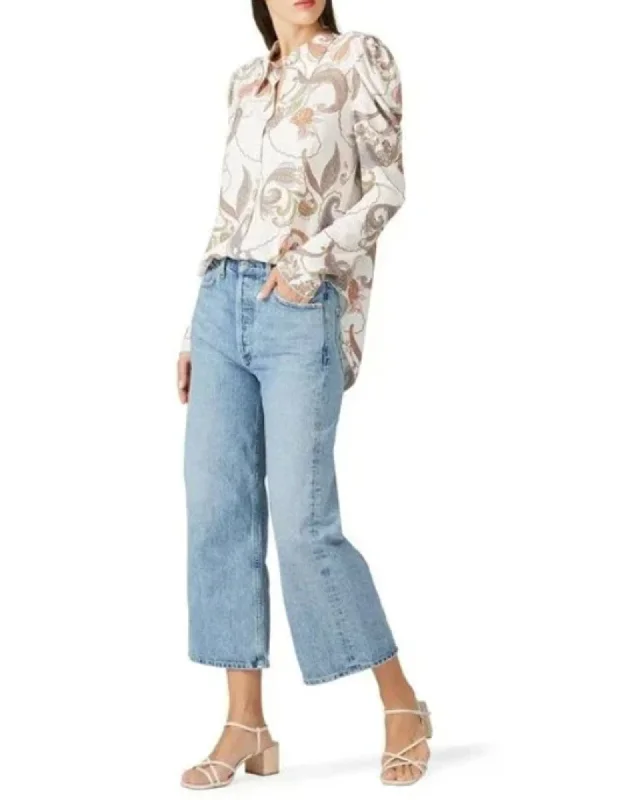 White Floral Paisley Print Blouse High Neck Blouse