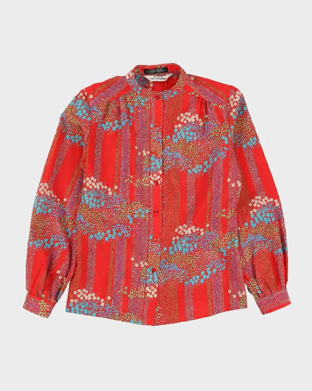1990s Red Patterned Blouse - M Cotton Casual Blouse