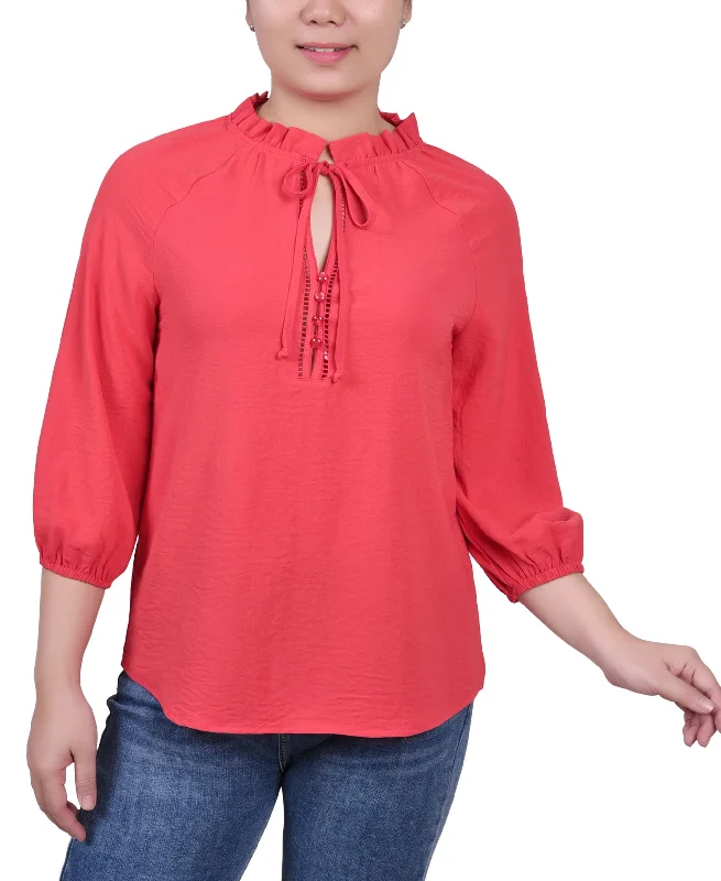 Petite 3/4 Sleeve Ruffle Neck Blouse Sleeveless Chiffon Blouse