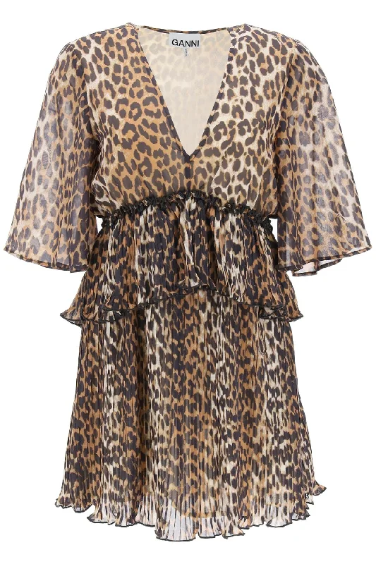 Pleated Mini Dress With Leopard Motif  - Beige Trendy Tulle Mini Dress