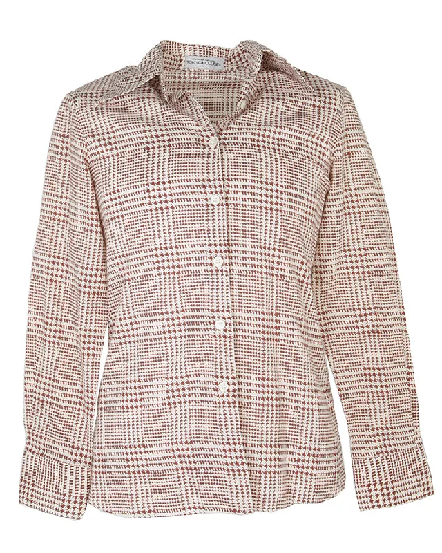 90s Does 70s Brown Houndstooth Dagger Collar Blouse - XS Satin Bow Blouse