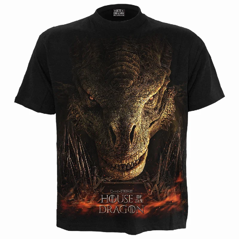 HOD - DRAGON THRONE - Front Print T-Shirt Black-- Notch Collar Peter Pan Collar Cowl Neck HOD - DRAGON THRONE - Front Print T-Shirt Black-- Notch Collar Peter Pan Collar Cowl Neck
