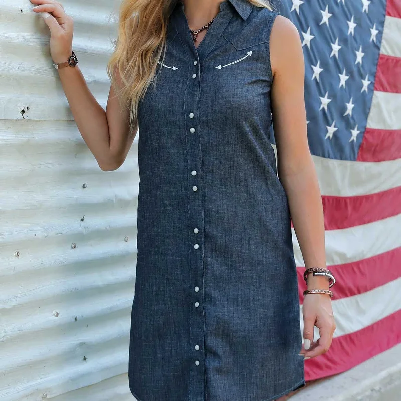 Cruel Women's Chambray Sleeveless Mini Dress in Denim Blue Trendy Wraparound Mini Dress Cruel Women's Chambray Sleeveless Mini Dress in Denim Blue Trendy Wraparound Mini Dress