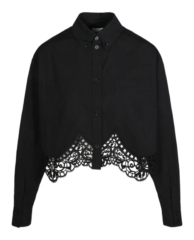 Burberry Womens Cropped Lace Hem Blouse Sheer Sleeve Blouse