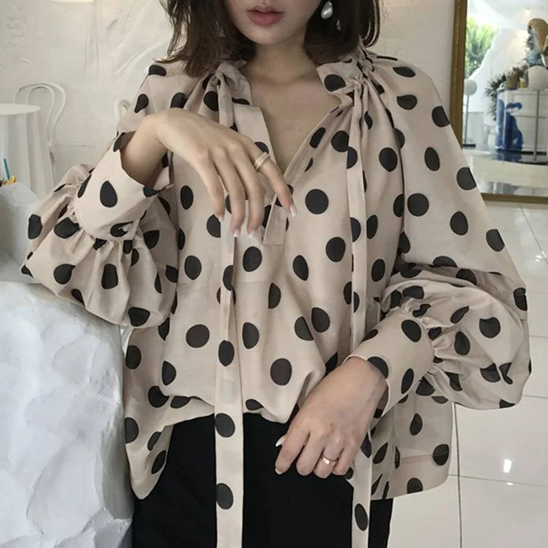 Vireous Women's Stand Collar Blouse with Bow and Lantern Sleeves Textured Cotton Blouse