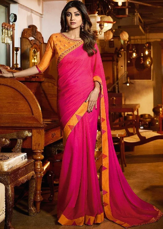 Pink Paper Silk Sari With Blouse Piece Asymmetric Hem Blouse