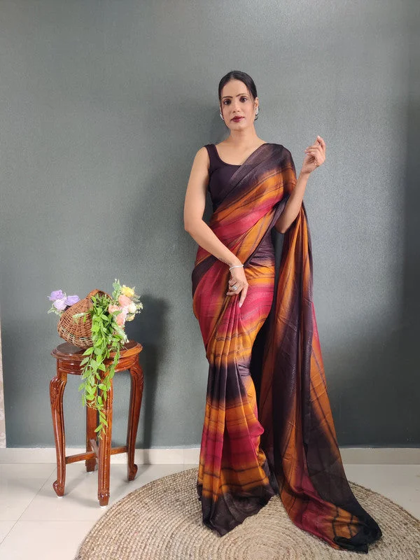 Malishka Export Georgette Silk Printed Ready To Wear Saree With Blouse Piece - Orange Subtle Shimmer Blouse Malishka Export Georgette Silk Printed Ready To Wear Saree With Blouse Piece - Orange Subtle Shimmer Blouse
