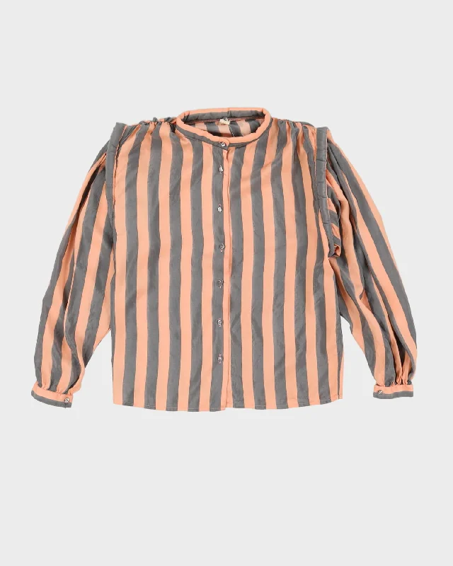 Vintage 1990s Grey And Orange Striped Silk Blouse  - M Casual Button Blouse