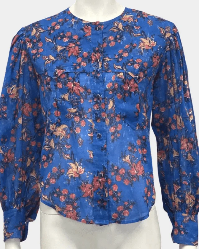 Blue Cotton Button-Up Blouse Office Formal Blouse