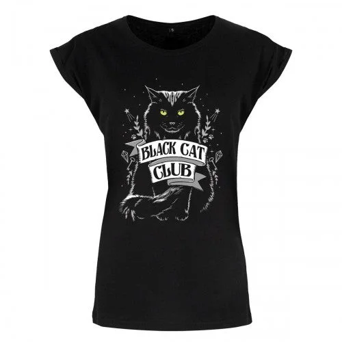 Grindstore Womens/Ladies Black Cat Club Premium T Shirt-- Welt Pockets Slit Pockets