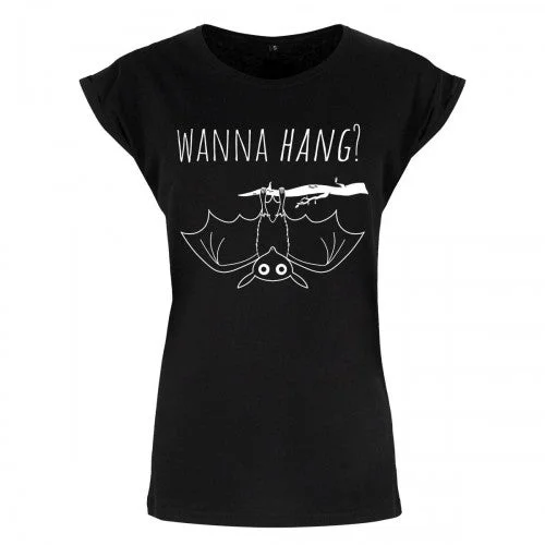 Grindstore Womens/Ladies Cute Bat Wanna Hang T-Shirt-- Collared T-Shirt Boat Neck A-Line