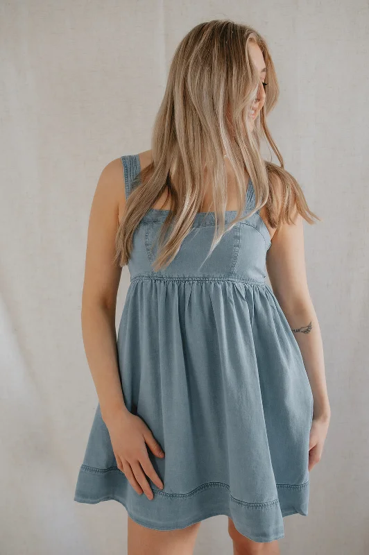 The Sweetheart Denim Babydoll Mini Dress Chic Tropical Mini Dress