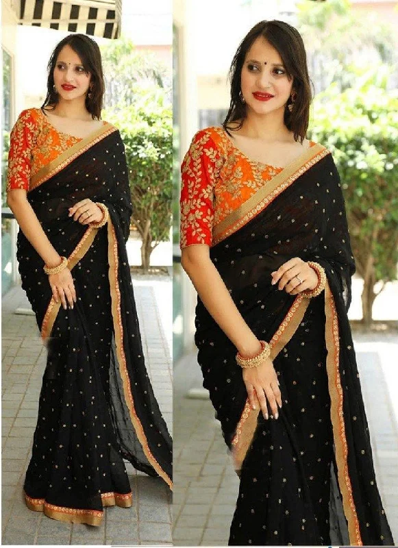 Vibrant Orange And Black Georgette Saree With Blouse Ruched Sleeve Blouse