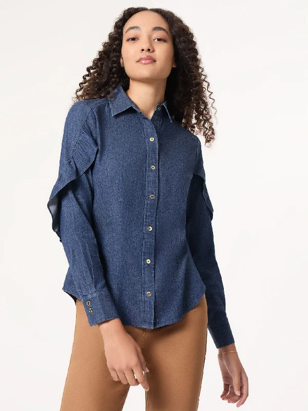 Button-Front Ruffle Sleeve Denim Shirt-- Chenille Blend Fleece Blend Nylon Blend
