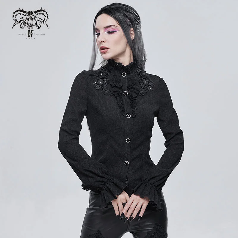 SHT07601 Autumn 3D appliqued shoulder lace stand collar striped black gothic women blouse Ruched Sleeve Blouse SHT07601 Autumn 3D appliqued shoulder lace stand collar striped black gothic women blouse Ruched Sleeve Blouse