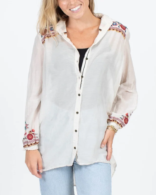 Embroidered Button Down Blouse With Belt Embroidered Floral Blouse