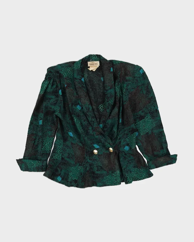 1990s Green Patterned Long Sleeve Blouse - S Sheer Mesh Blouse