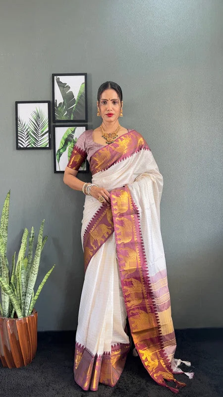 Malishka Export Kanjivaram Woven Ready To Wear Saree With Blouse Piece - White-Brown Modern Oversized Blouse