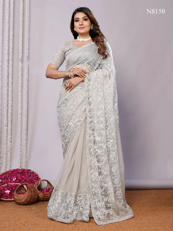 Grey Glass Tissue, Net Embroidered Saree With Stitched Blouse - Nimaya Kaksha Ruffled Neck Blouse Grey Glass Tissue, Net Embroidered Saree With Stitched Blouse - Nimaya Kaksha Ruffled Neck Blouse