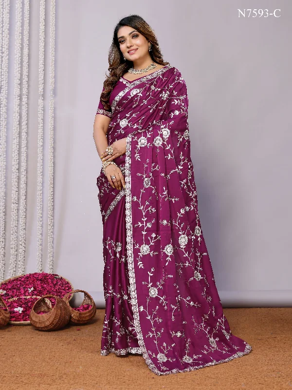 Purple Pure Satin Embroidered Saree With Stitched Blouse - Nimaya Kaksha Peter Pan Blouse Purple Pure Satin Embroidered Saree With Stitched Blouse - Nimaya Kaksha Peter Pan Blouse