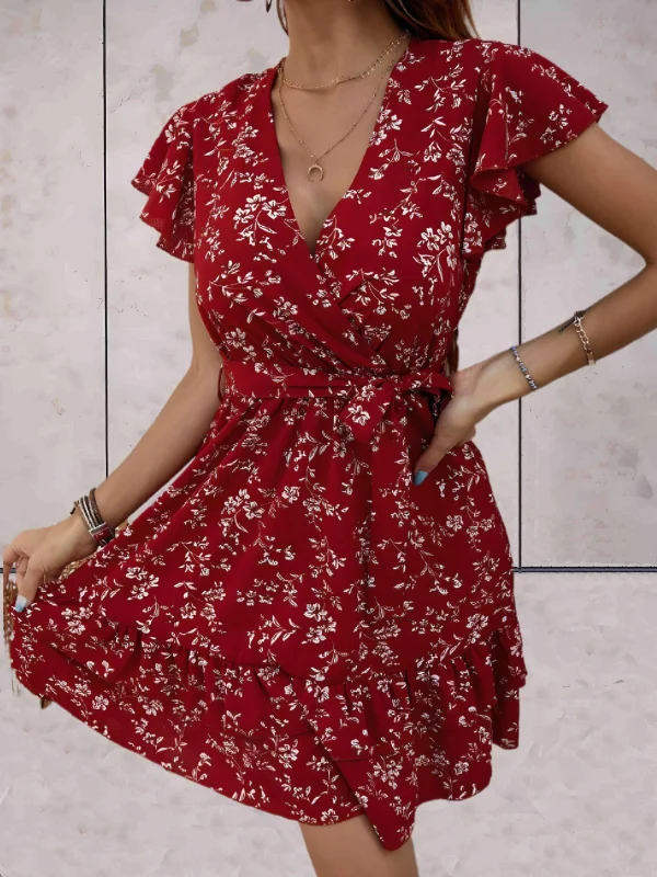 Larissa | Elegant short-sleeved mini dress with waist tie Elegant Floral-Print Mini Dress