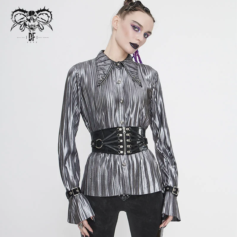 SHT05502 Cyberpunk silver black pleated blouse Wrap Front Blouse