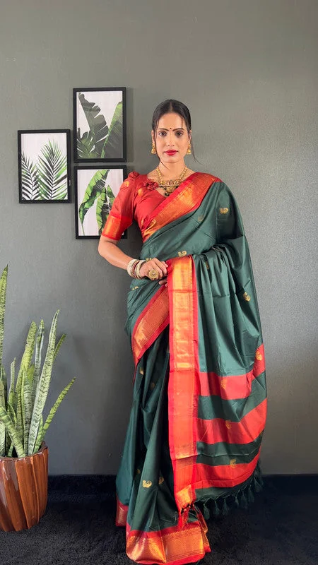 Malishka Export Cotton Silk Woven Ready To Wear Saree With Blouse Piece - Red Double-Layered Blouse Malishka Export Cotton Silk Woven Ready To Wear Saree With Blouse Piece - Red Double-Layered Blouse