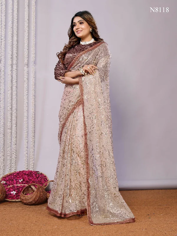 Brown Net Embroidered Saree With Stitched Blouse - Nimaya Kaksha Slim Fit Blouse