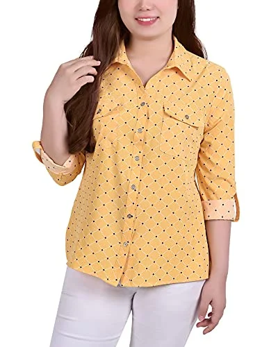 3/4 Sleeve Roll Tab Notch Collar Blouse Chic Ruffle Blouse