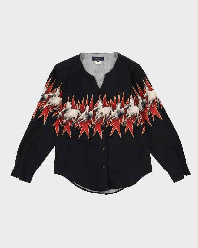 1990s Horse Patterned Black Blouse - S Backless Summer Blouse