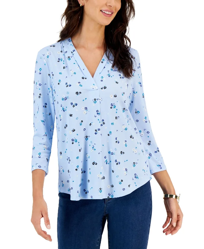 Charter Club Petite Printed 3/4 Sleeve Blouse Smart Casual Blouse