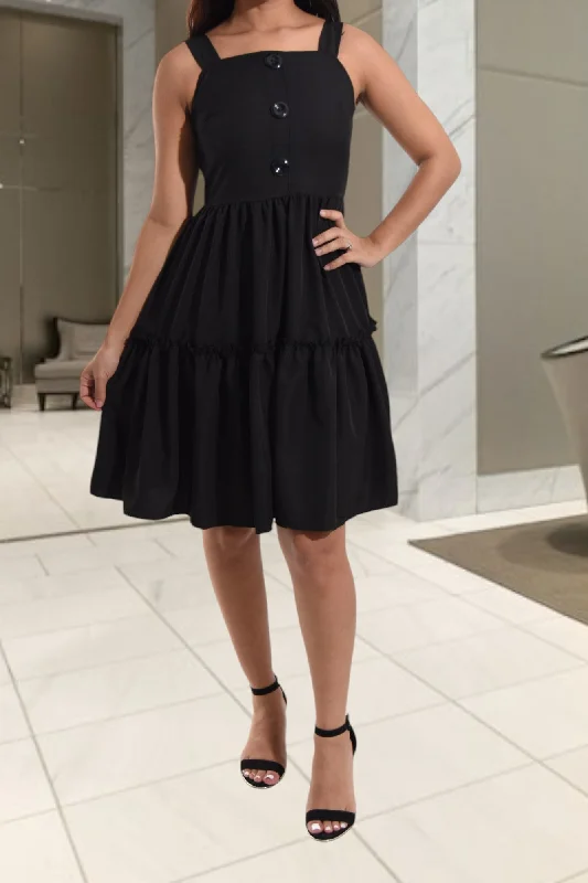Ladies Black Ruffle Mini Dress Comfortable Fit-and-Flare Mini Dress