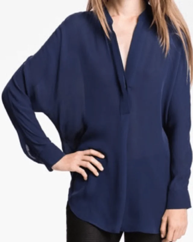 Silk Banded Navy Collar Blouse Bell Sleeve Blouse